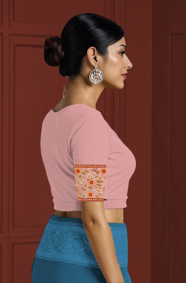 Right Sleeve View plain-back-elbow-sleeves-sleeve-baby-pink-sleeve_right-kalamkari-border-cream-horizontal-sleeve-right