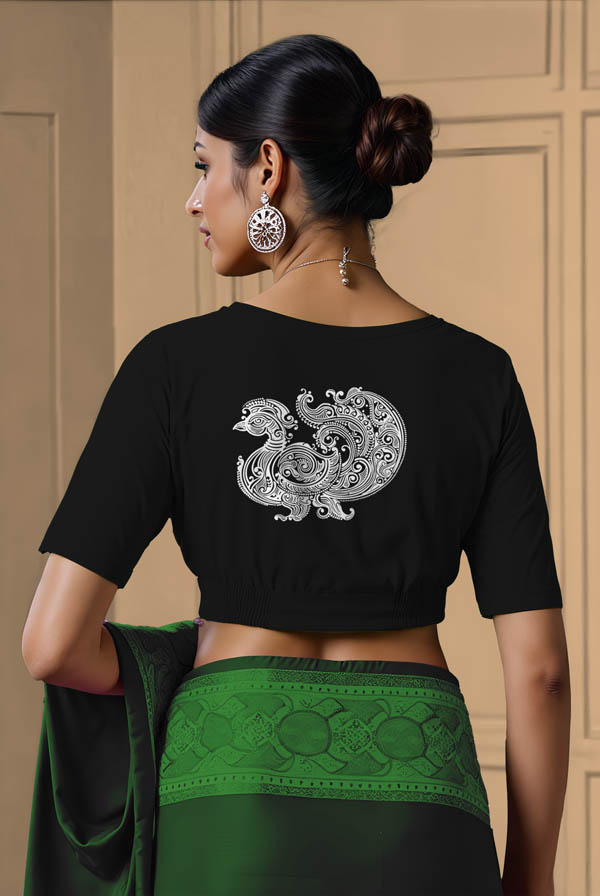 Back View plain-back-elbow-sleeves-sleeve-black-back-alpona-pakshi-white-back