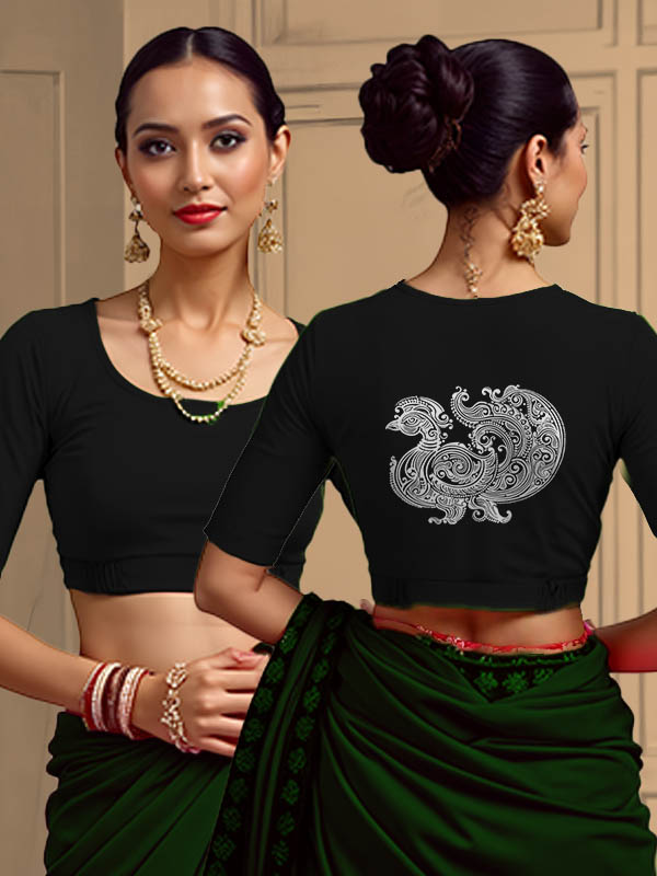 Back View plain-back-elbow-sleeves-sleeve-black-main-front-plain-front-back-alpona-pakshi-white-back