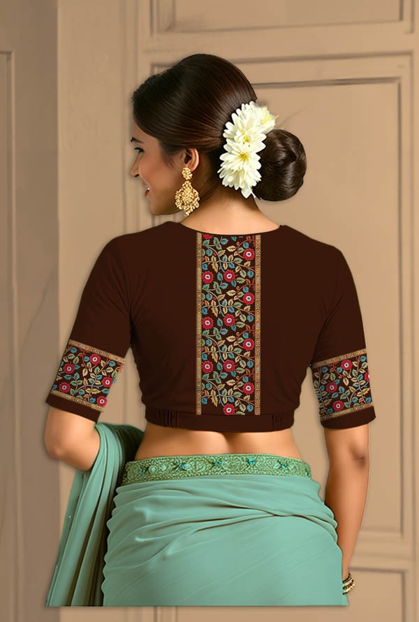Back View plain-back-elbow-sleeves-sleeve-coffee-brown-back-kalamkari-border-bright-vertical