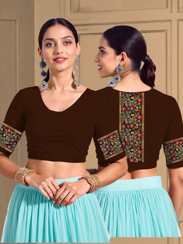 Back View plain-back-elbow-sleeves-sleeve-coffee-brown-main-front-plain-front-back-kalamkari-border-bright-vertical