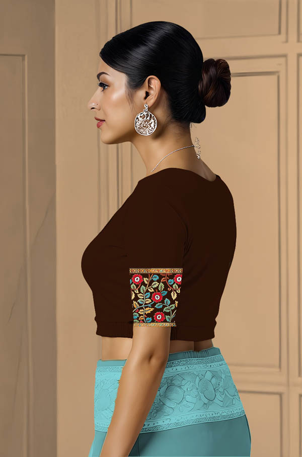 Left Sleeve View plain-back-elbow-sleeves-sleeve-coffee-brown-sleeve_left-kalamkari-border-bright-vertical-sleeve-left