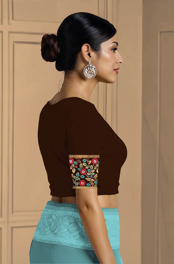 Right Sleeve View plain-back-elbow-sleeves-sleeve-coffee-brown-sleeve_right-kalamkari-border-bright-vertical-sleeve-right