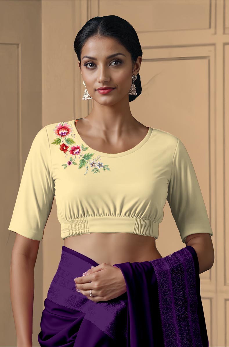Front View plain-back-elbow-sleeves-sleeve-cream-front-flower-vine-front