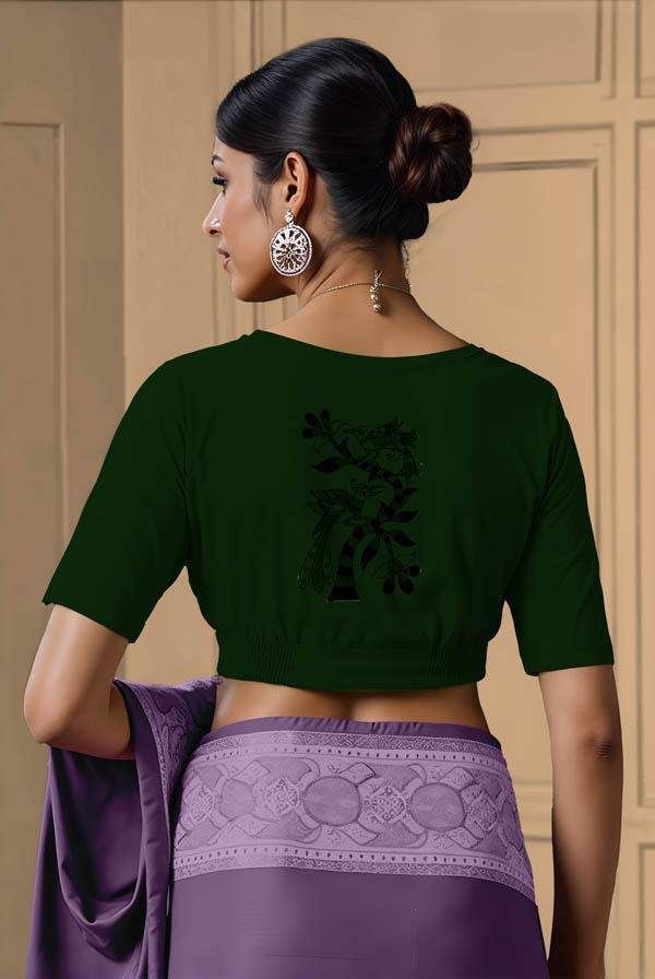 Back View plain-back-elbow-sleeves-sleeve-dark-green-back-kalamkari-tree