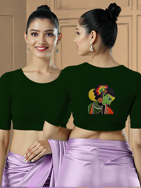 Back View plain-back-elbow-sleeves-sleeve-dark-green-main-front-plain-front-back-tribal-woman