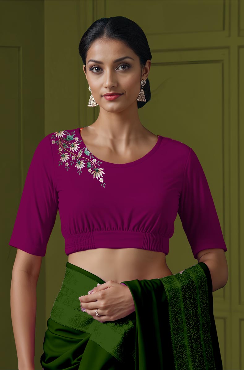 Front View plain-back-elbow-sleeves-sleeve-dark-pink-front-green-white-floral-front