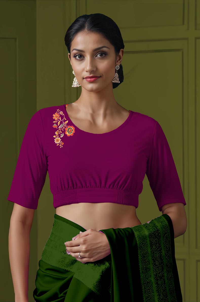 Front View plain-back-elbow-sleeves-sleeve-dark-pink-front-orange-chintz-front