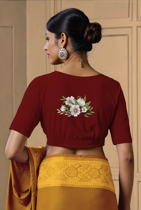 Back View plain-back-elbow-sleeves-sleeve-dark-red-back-white-florals