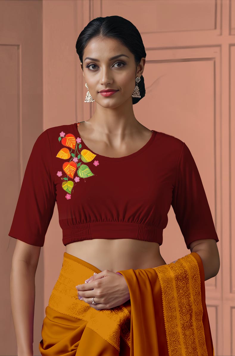 Front View plain-back-elbow-sleeves-sleeve-dark-red-front-money-plant-front