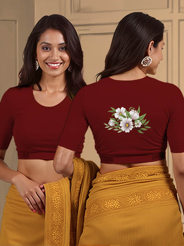 Back View plain-back-elbow-sleeves-sleeve-dark-red-main-front-plain-front-back-white-florals