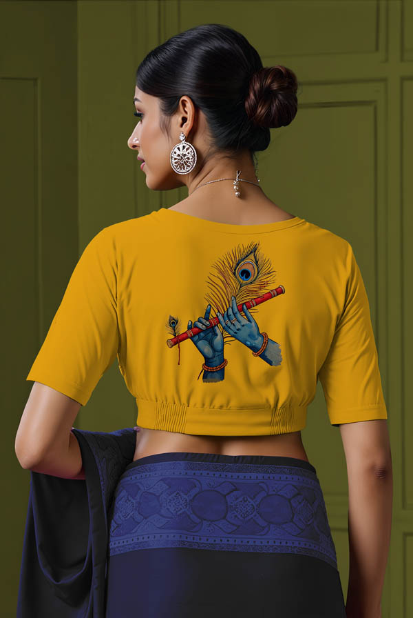 Back View plain-back-elbow-sleeves-sleeve-deep-yellow-back-krishna-flute-feather-back