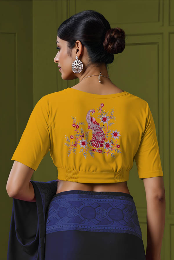 Back View plain-back-elbow-sleeves-sleeve-deep-yellow-back-peacock-vine-red