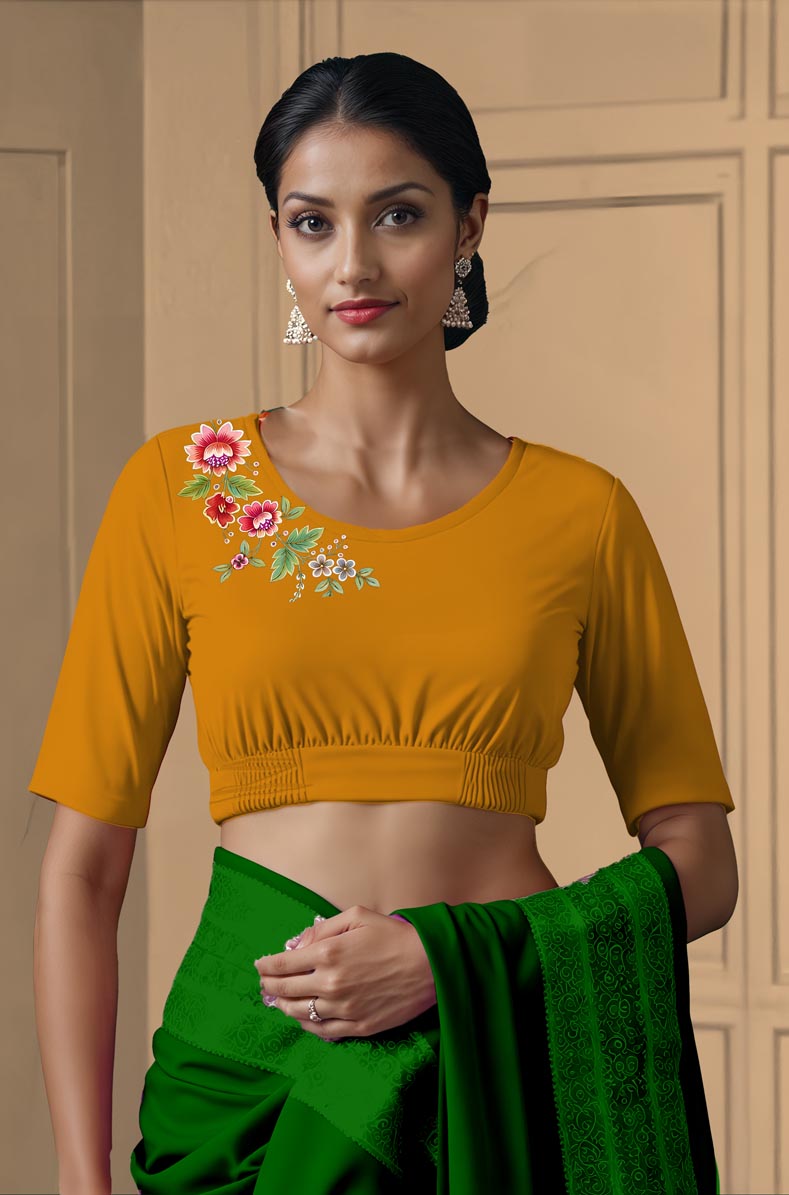 Front View plain-back-elbow-sleeves-sleeve-deep-yellow-front-flower-vine-front