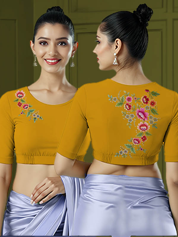 Back View plain-back-elbow-sleeves-sleeve-deep-yellow-main-front-flower-vine-front-back-flower-vine-back