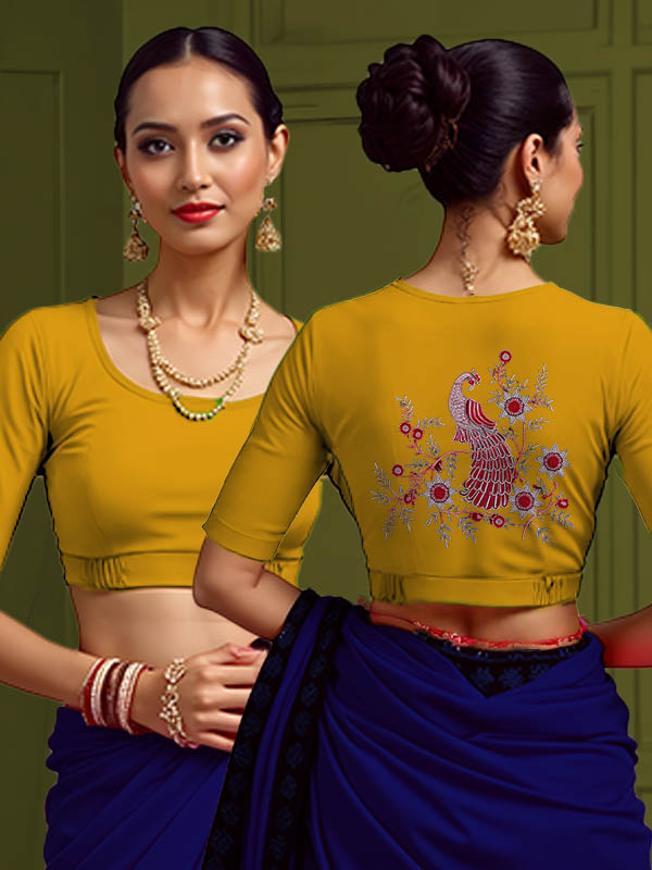 Back View plain-back-elbow-sleeves-sleeve-deep-yellow-main-front-plain-front-back-peacock-vine-red