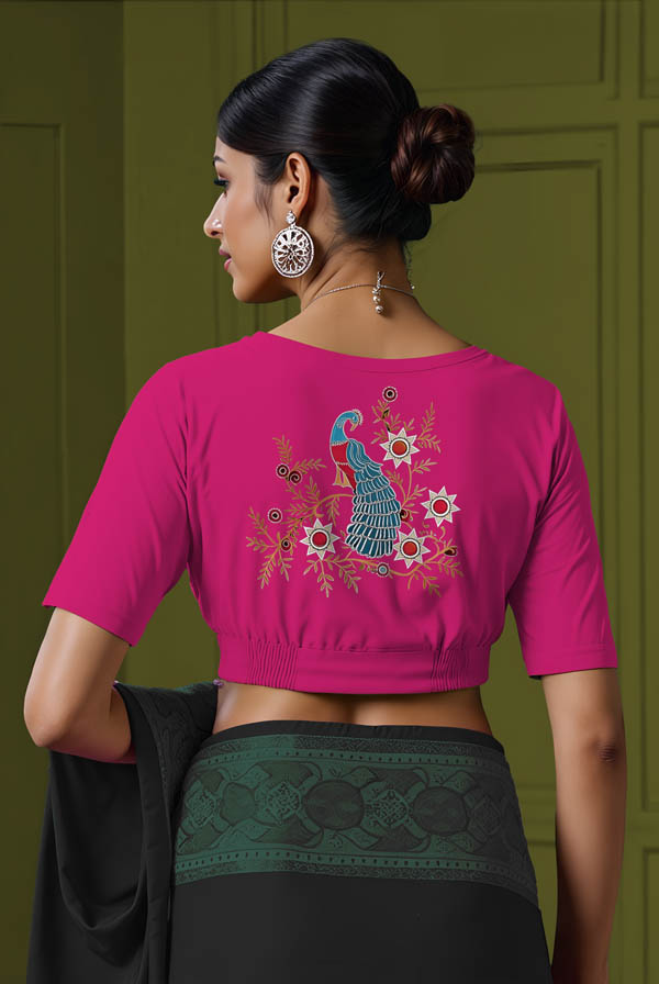 Back View plain-back-elbow-sleeves-sleeve-hot-pink-back-peacock-vine-back