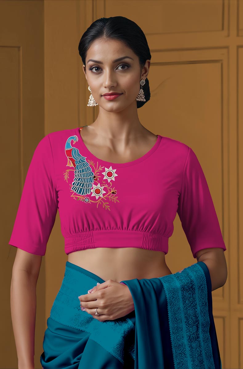 Front View plain-back-elbow-sleeves-sleeve-hot-pink-front-peacock-vine-front