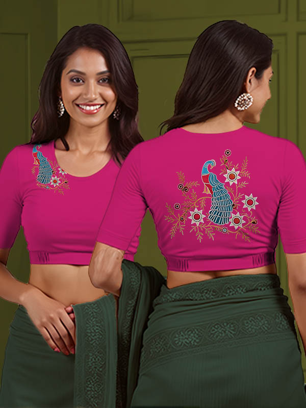 Back View plain-back-elbow-sleeves-sleeve-hot-pink-main-front-peacock-vine-front-back-peacock-vine-back