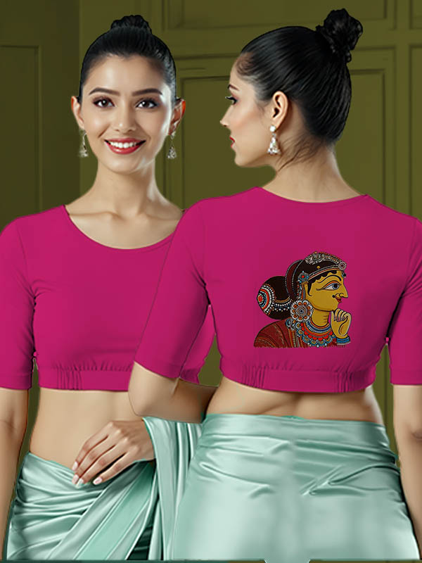 Back View plain-back-elbow-sleeves-sleeve-hot-pink-main-front-plain-front-back-kalamkari-woman-face-back