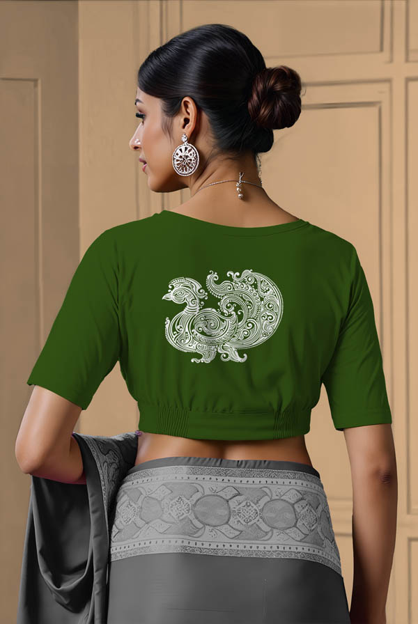 Back View plain-back-elbow-sleeves-sleeve-mehendi-green-back-alpona-pakshi-white-back
