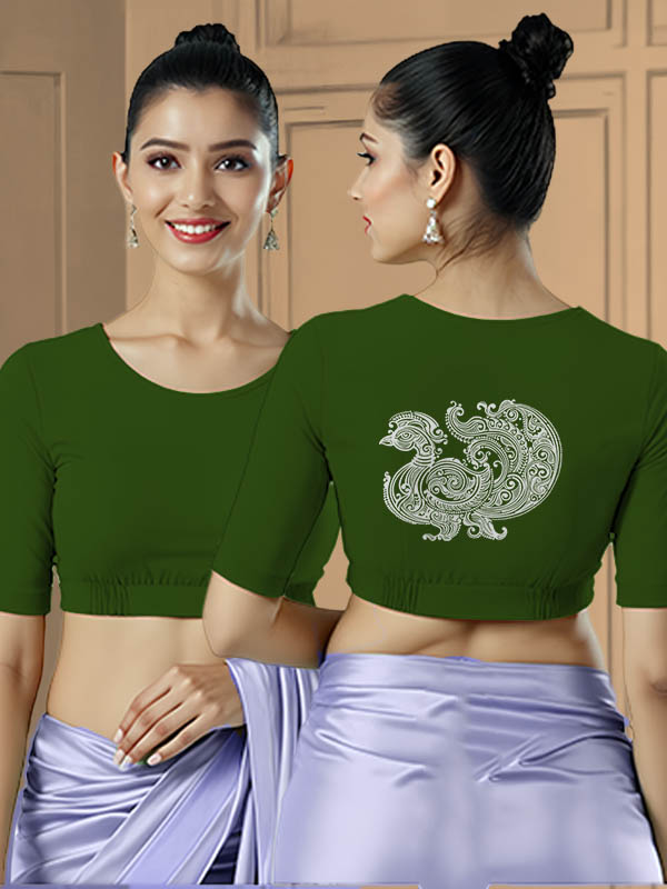 Back View plain-back-elbow-sleeves-sleeve-mehendi-green-main-front-plain-front-back-alpona-pakshi-white-back