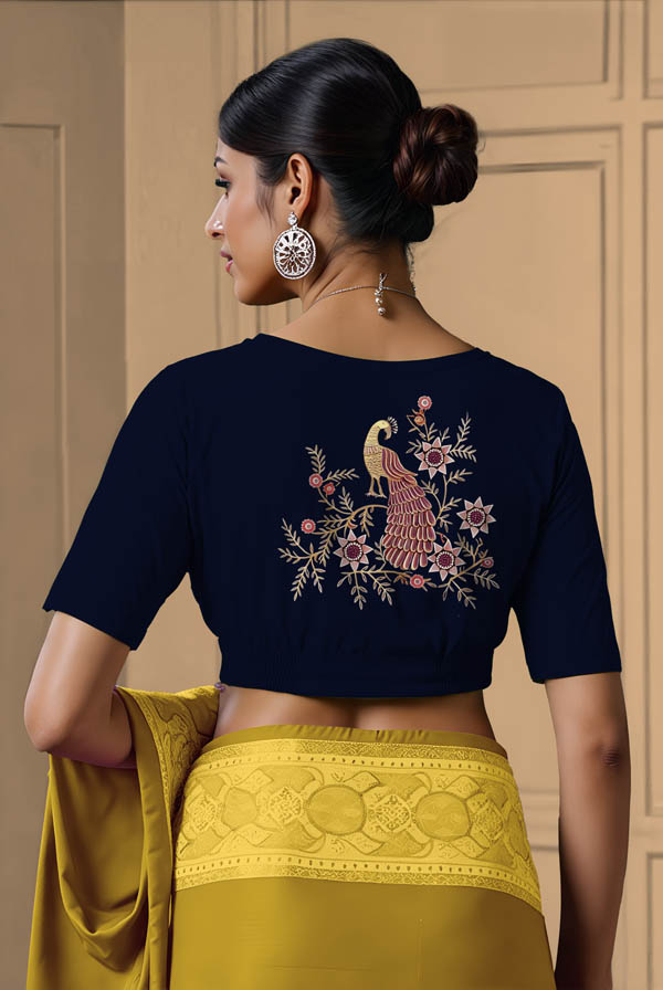 Back View plain-back-elbow-sleeves-sleeve-navy-blue-back-peacock-vine-mauve