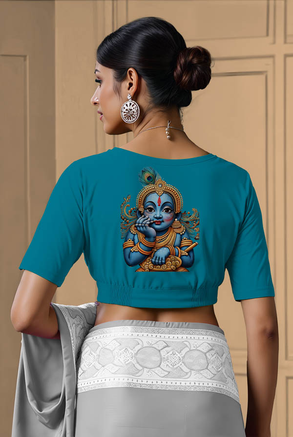 Back View plain-back-elbow-sleeves-sleeve-peacock-blue-back-baby-krishna-blue-back