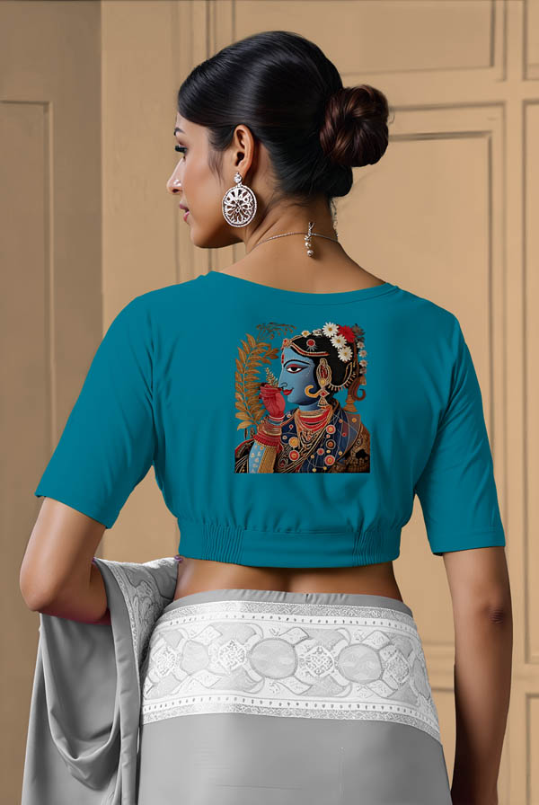 Back View plain-back-elbow-sleeves-sleeve-peacock-blue-back-blue-folk-woman-back