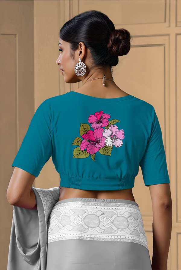 Back View plain-back-elbow-sleeves-sleeve-peacock-blue-back-hibiscus-back