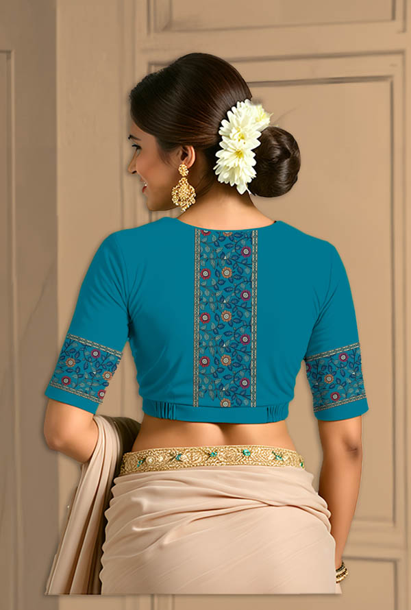 Back View plain-back-elbow-sleeves-sleeve-peacock-blue-back-kalamkari-border-blue-vertical-back