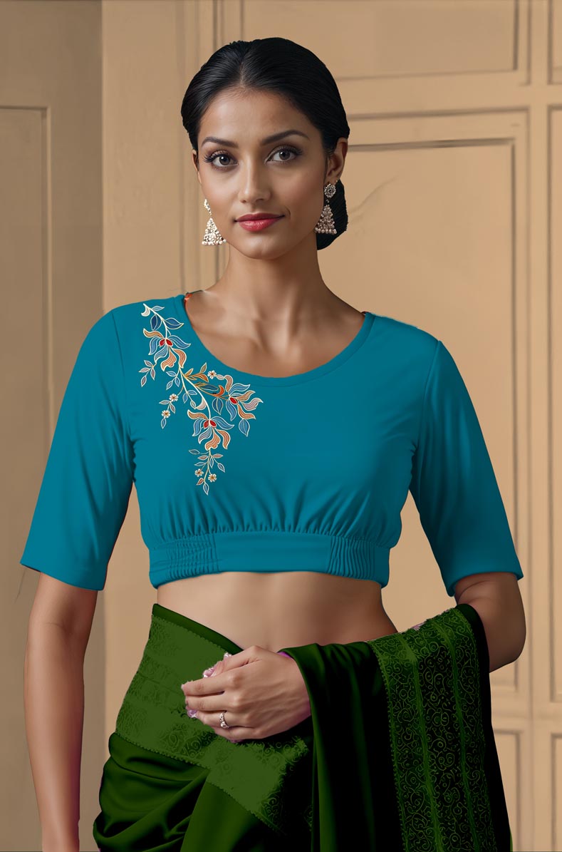 Front View plain-back-elbow-sleeves-sleeve-peacock-blue-front-blue-vine-front
