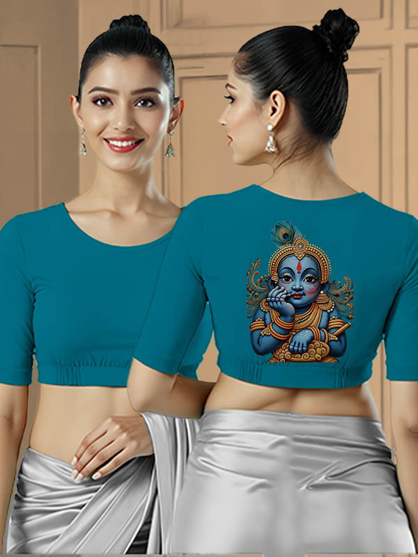 Back View plain-back-elbow-sleeves-sleeve-peacock-blue-main-front-plain-front-back-baby-krishna-blue-back