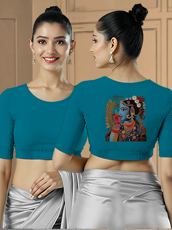 Back View plain-back-elbow-sleeves-sleeve-peacock-blue-main-front-plain-front-back-blue-folk-woman-back