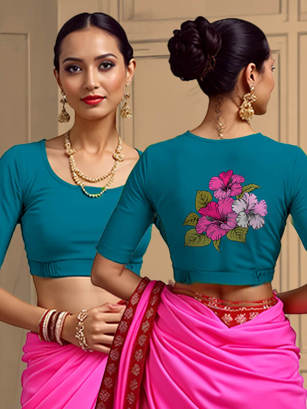 Back View plain-back-elbow-sleeves-sleeve-peacock-blue-main-front-plain-front-back-hibiscus-back