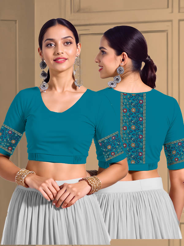 Back View plain-back-elbow-sleeves-sleeve-peacock-blue-main-front-plain-front-back-kalamkari-border-blue-vertical-back