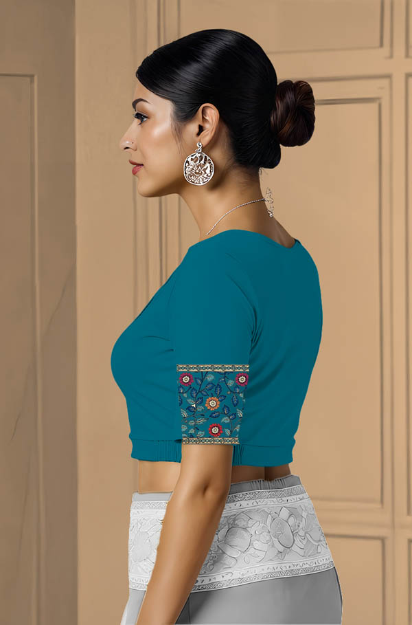 Left Sleeve View plain-back-elbow-sleeves-sleeve-peacock-blue-sleeve_left-kalamkari-border-blue-vertical-sleeve-left