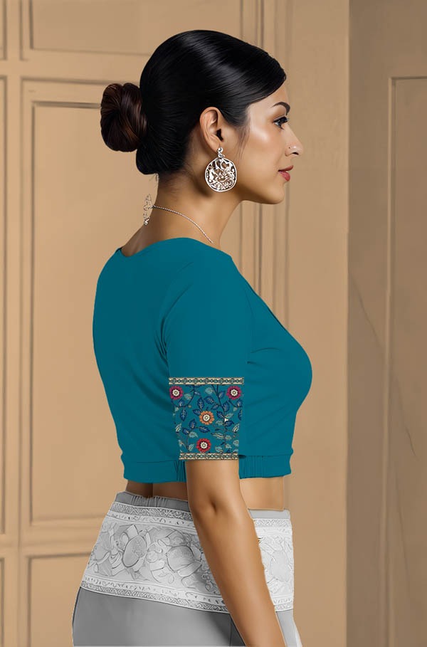 Right Sleeve View plain-back-elbow-sleeves-sleeve-peacock-blue-sleeve_right-kalamkari-border-blue-vertical-sleeve-right
