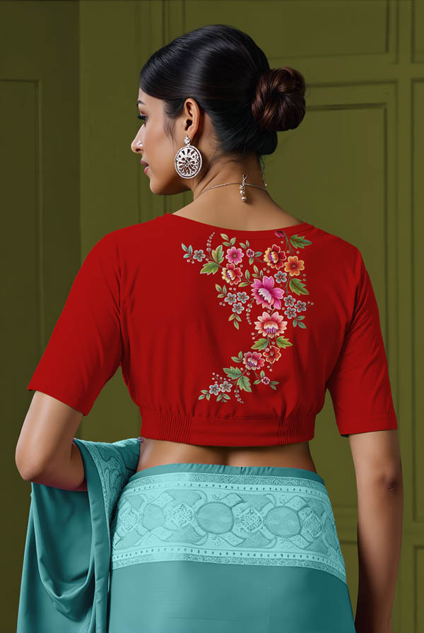 Back View plain-back-elbow-sleeves-sleeve-red-back-flower-vine-back