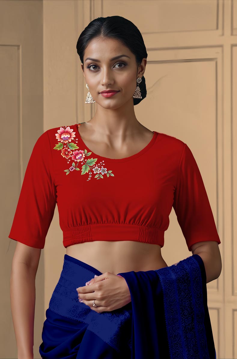 Front View plain-back-elbow-sleeves-sleeve-red-front-flower-vine-front