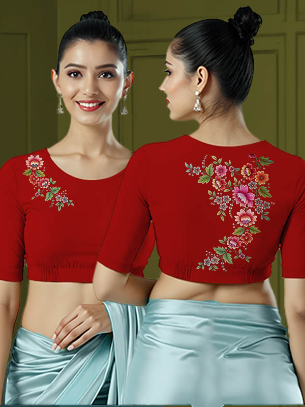 Back View plain-back-elbow-sleeves-sleeve-red-main-front-flower-vine-front-back-flower-vine-back