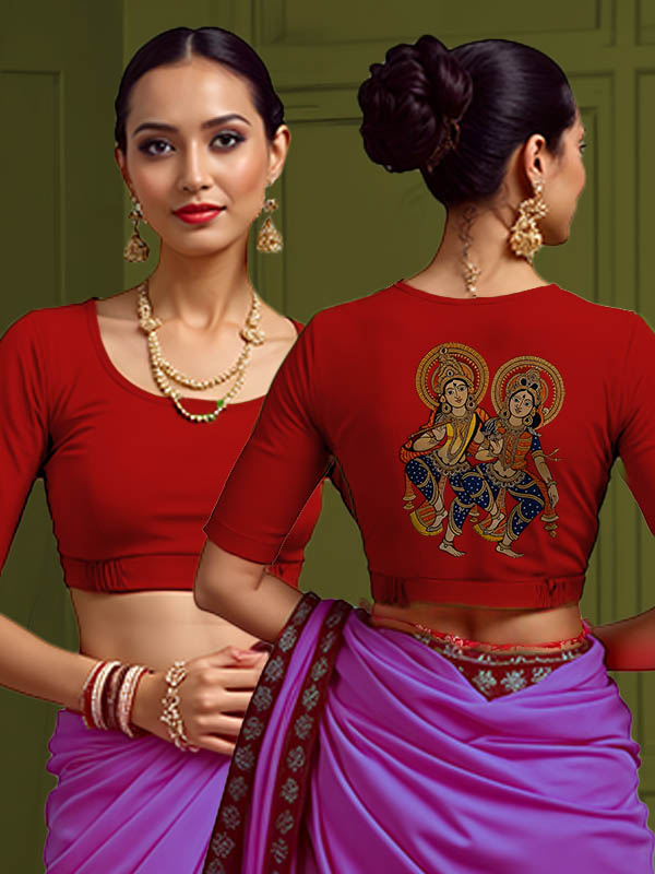 Back View plain-back-elbow-sleeves-sleeve-red-main-front-plain-front-back-radha-krishna-kalamkari-back