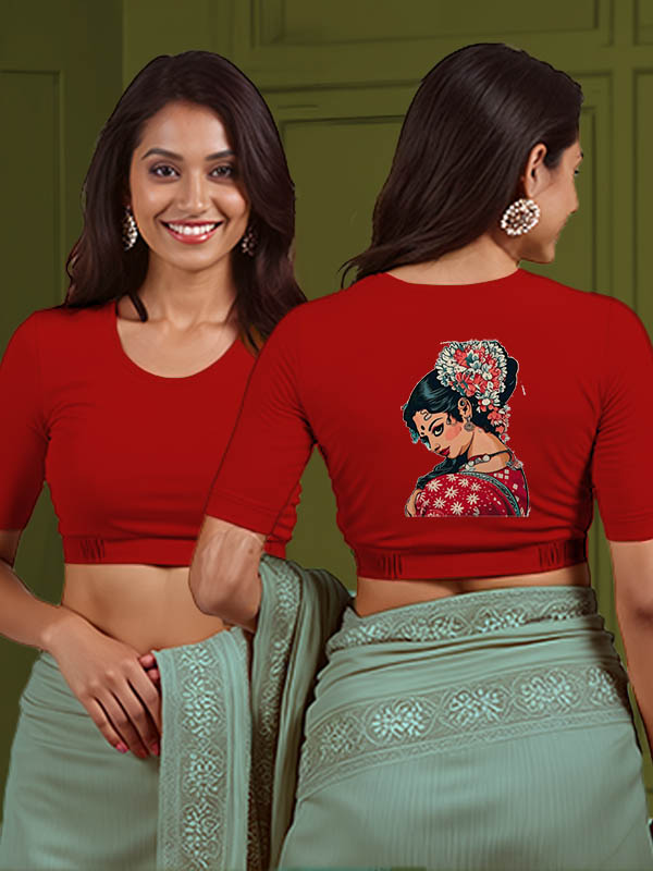 Back View plain-back-elbow-sleeves-sleeve-red-main-front-plain-front-back-vintage-woman-back