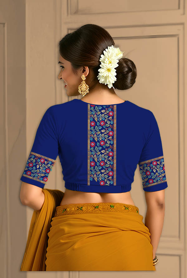 Back View plain-back-elbow-sleeves-sleeve-royal-blue-back-kalamkari-border-bright-vertical