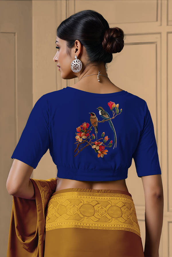 Back View plain-back-elbow-sleeves-sleeve-royal-blue-back-multicoloured-exotic-birds