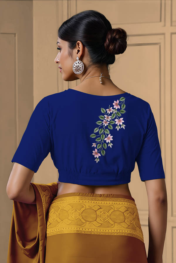 Back View plain-back-elbow-sleeves-sleeve-royal-blue-back-simple-floral-design-back