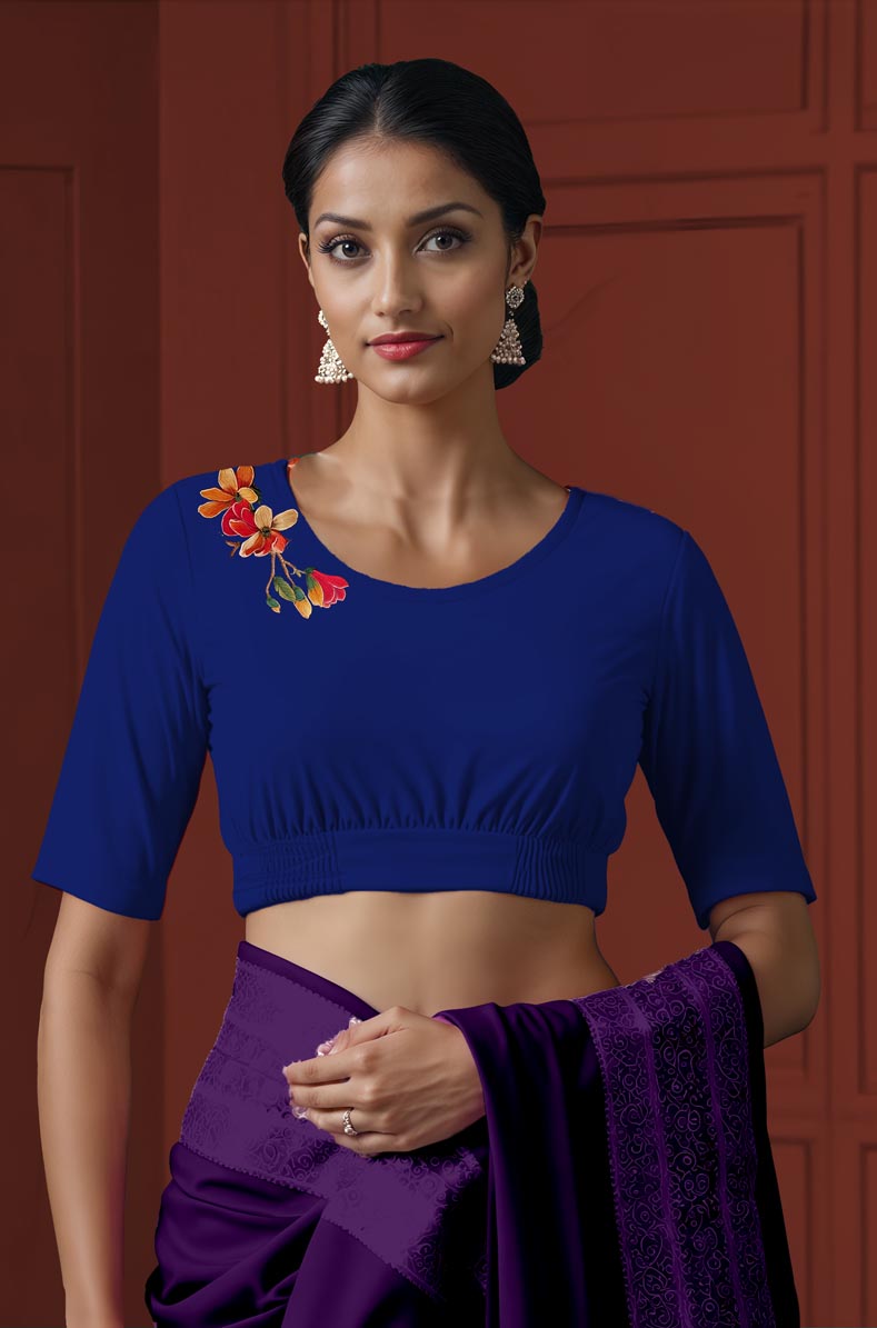 Front View plain-back-elbow-sleeves-sleeve-royal-blue-front-multicoloured-exotic-birds-front