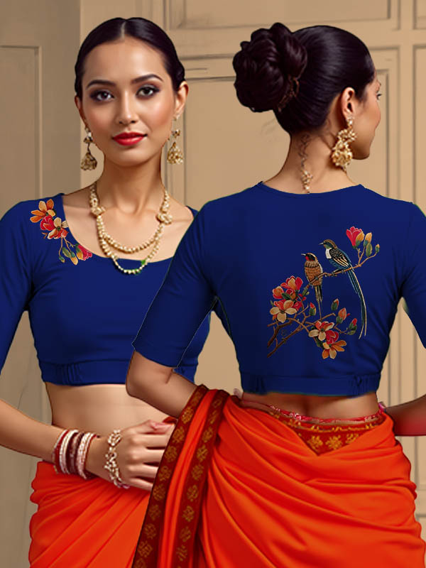 Back View plain-back-elbow-sleeves-sleeve-royal-blue-main-front-multicoloured-exotic-birds-front-back-multicoloured-exotic-birds