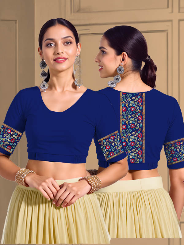 Back View plain-back-elbow-sleeves-sleeve-royal-blue-main-front-plain-front-back-kalamkari-border-bright-vertical