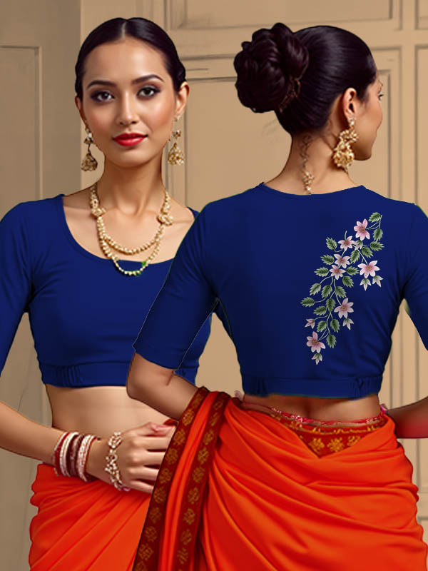 Back View plain-back-elbow-sleeves-sleeve-royal-blue-main-front-plain-front-back-simple-floral-design-back